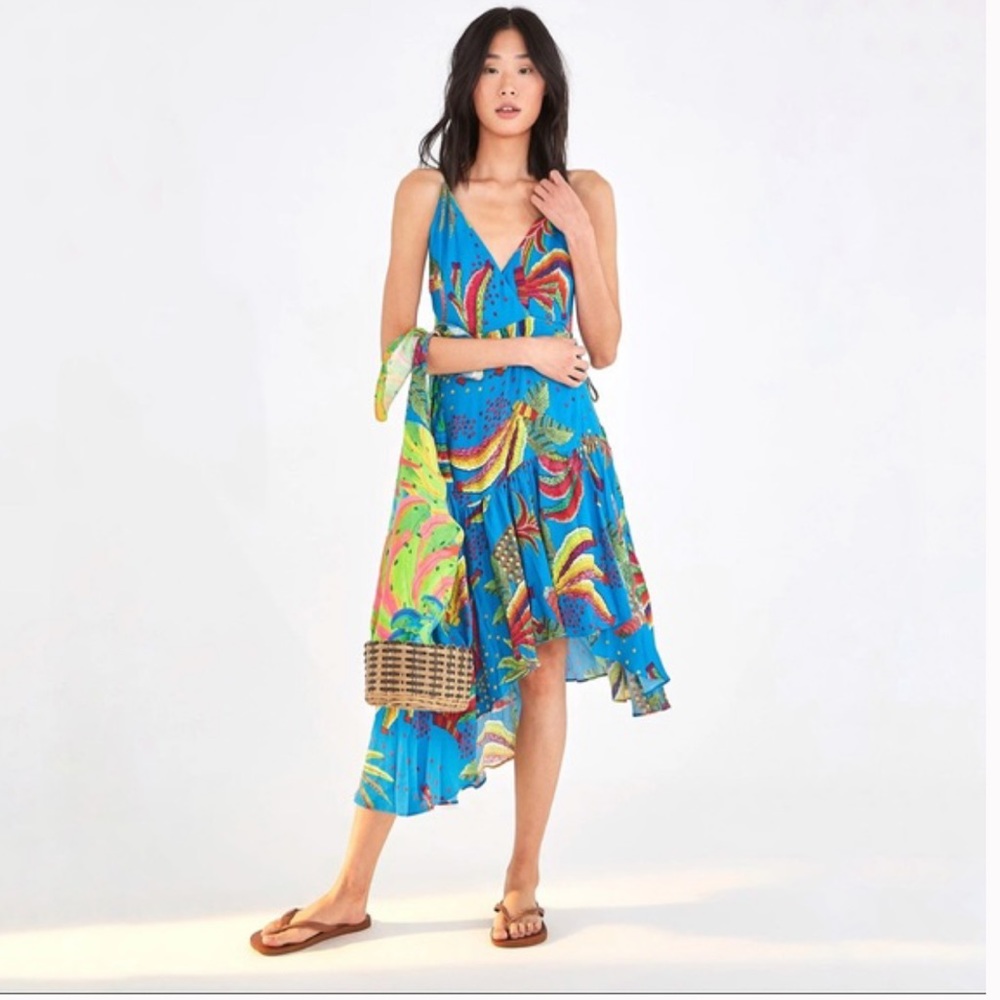 NWT FARM RIO Blue Banana Sleeveless Wrap Dress XS